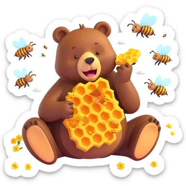 bear eating honeycomb with bees flying around sticker
