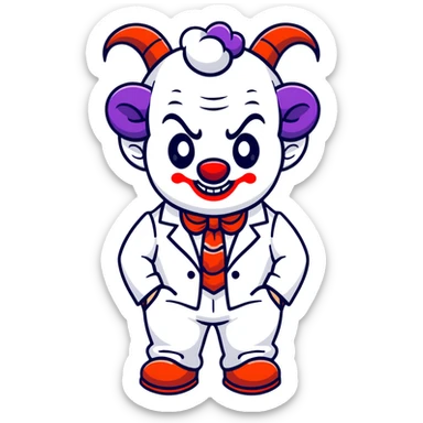 full-body demonic clown in a white leisure suit with bellbottom pants, bald, with black ram horns, wearing elevator shoes, cartoon sticker style sticker