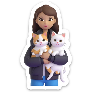 Light-skinned girl with brown straight hair wearing a black jacket, holding one completely white cat and one calico cat sticker