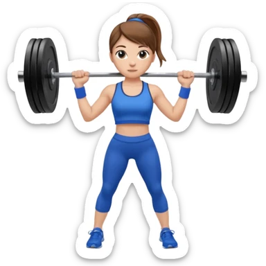 white girl with brown hair in a ponytail with a barbell in a blue sports top and blue leggings sticker