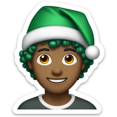Unisex person short curly dark green hair in a Santa hat  sticker