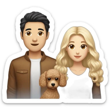 A couple consisting of asian korean man with black eyes and black hair and white girl with long straight blonde hair and brown eyes with brown toy poodle sticker