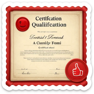A simple emoji of a certificate document with a seal and a thumbs-up symbol, representing qualification or certification sticker