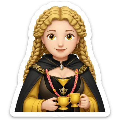 Helga Hufflepuff, 2 curly thick brown braids, yellow-black medieval dress, black cloak decorated with gold braiding, tiny two-handled shiny yellow-gold cup, very kind smile, curvy busty sweet woman, thick rosy cheeks sticker