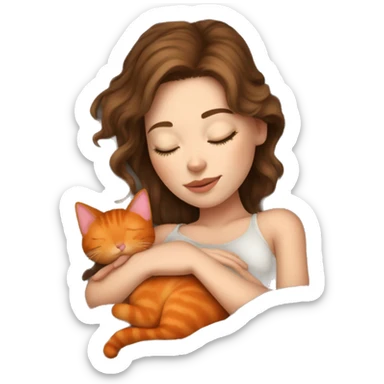 White girl brown hair sleeping on bed with orange kitty sticker