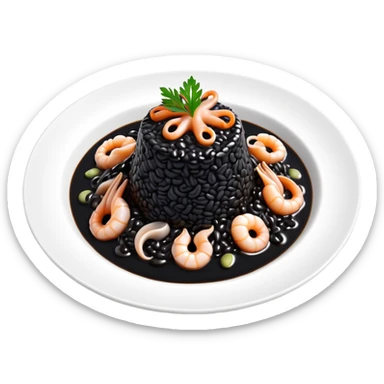 cinematic-realistic-black-risotto-dish-emoji,-showcasing-small squid pieces in black sauce -rendered-with-bold-textures-and-dynamic,-dramatic-lighting. sticker
