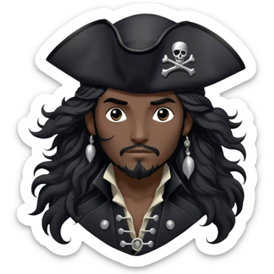 A charismatic pirate with wavy black hair tousled by the breeze. His silver-embroidered tricorn hat casts a shadow. Dark eyes glint with mischief as he looks to the side. His black coat, adorned with silver buttons, shifts with the wind sticker