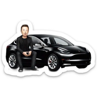 photo-realistic Elon Musk sitting inside an all black Tesla Model 3, side view sticker