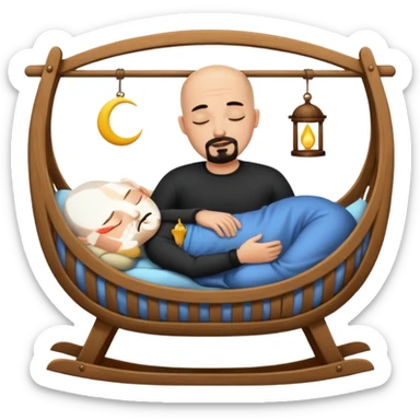 a bald man with a black goatee sleeping in a cradle sticker