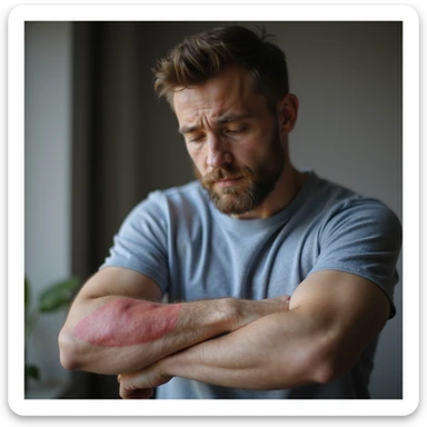 realistic man with red rash on forearm, touching it gently, concerned look, soft lighting, home background, medical realism, dermatology focus, 4K sticker