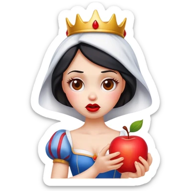 Cinematic Funny Snow White Portrait Emoji, Holding an apple with a suspicious expression, one eyebrow raised, lips pursed as if questioning her life choices, a hilariously relatable fairy tale moment! sticker