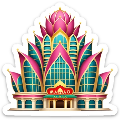 Macao Grand Lisboa Casino building, simplified emoji style with bold outlines and bright colors, cartoon style distinctive lotus-shaped tower sticker