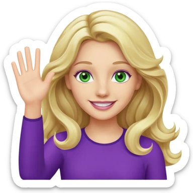 lady with long wavy blonde hair, purple top, green eyes, waving hello sticker