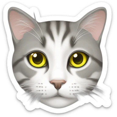 Grey asymmetrical face marking and white tabby european cat with yellow green eyes sticker