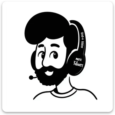 A person with black hair, brown eyes, black beard wearing a gaming headset "merci Followers" sticker