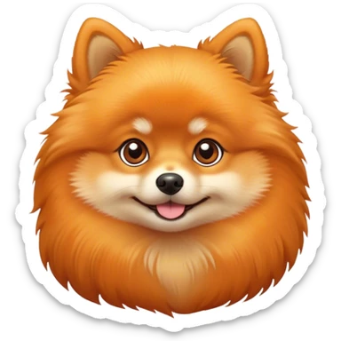 Cinematic Cute Orange Pomeranian Portrait Emoji, Head tilted playfully and inquisitively, featuring a luscious, fluffy orange Fur with a natural sheen, round, sparkling brown eyes filled with curiosity, Simplified yet irresistibly adorable features, highly detailed, glowing with a warm, friendly glow, high shine, affectionate and lively, stylized with a touch of whimsy, bright and endearing, soft glowing outline, capturing the essence of a mischievous yet loving pup, so playful it feels like it could scamper out of the screen and into your arms! sticker