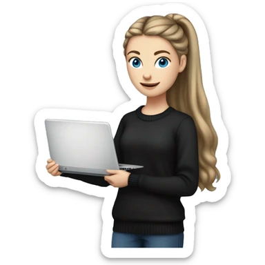caucasian white girl student, holding laptop, blue eyes, dark brown hair ponytail wearing a thick black sweater sticker