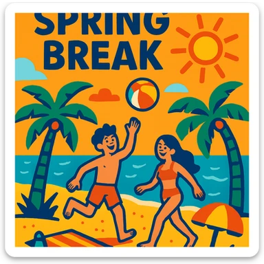 spring break vibrant beach scene with palm trees sun fun atmosphere bright colors sticker
