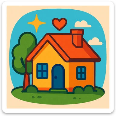 cute small house with a tree beside it, standing on soft green grass, a small heart above the house, golden star shining in the background, warm inviting style, symbolizing local pride, community rewards, youth-led impact sticker