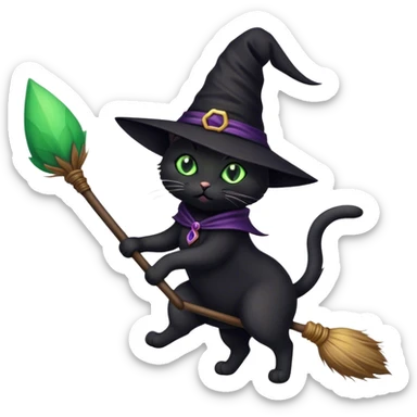 A cat like a witch on a broom sticker
