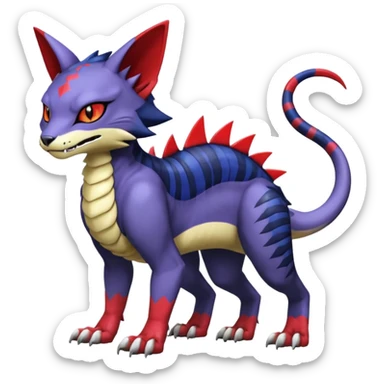 with red markings, white belly, scaley scaly batty feline-like quadrupedal digitigrade furry feral Bastet-Noibat-Gatomon-Garchomp-Digimon-Fakémon-Pokémon-creature (full body) sticker
