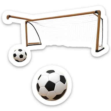 A close-up of footballs and a goal on a covered indoor futsal court with a wooden floor. The scene highlights the details of the balls and goalposts, with the smooth, polished court surface creating a clean and focused atmosphere for the game. sticker