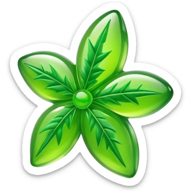 generate an emoji-style image of a juicy gummy shaped like a marijuana flower sticker