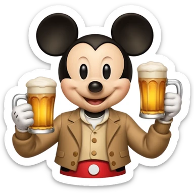 Mickey Mouse holding a beer sticker