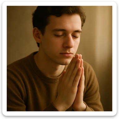 Remove the beard and make the man look 20 years old, keep the praying pose and peaceful expression, maintain the original style and appearance. sticker
