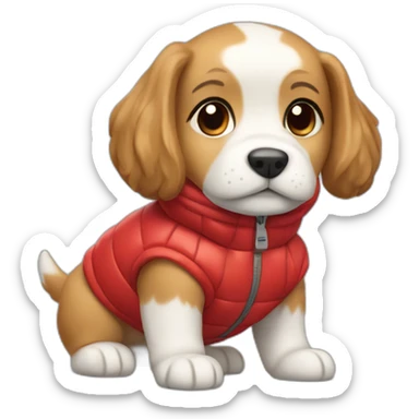 Caramel and white puppy with long hair wearing a red puffer jacket sticker