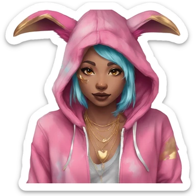 Pink magenta burgundy maroon cyan beige gray fox wearing a pink hoodie with gold jewellery gold piercings gold ear piercing gold nose piercing vintage watercolour tie dye black raven wings sticker