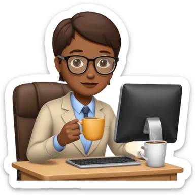 Teacher at computer drinking coffee sticker