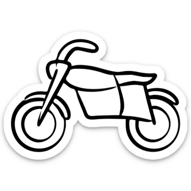 Hand-drawn motorcycle, simple side view with visible wheels, handlebars, and seat sticker