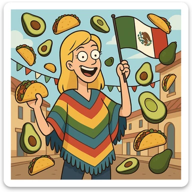 playful cartoon of a tall blonde woman wearing a colorful poncho, smiling, holding a taco and an avocado, waving a Mexico flag, surrounded by tacos and avocados, street party scene sticker