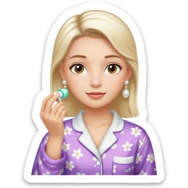 Clean girl aesthetic emoticons, apply skincare products, pearl earrings, glowing skin, pajamas, soft lighting sticker