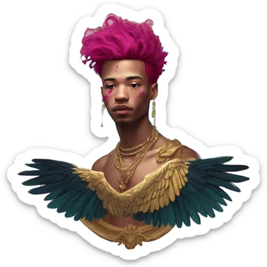 Vintage painting swirls gold jewellery baroque raven wings angel tropical Deep pink maroon burgundy cyan dark hoodie man vitiligo dyed hair gold piercings nose piercing ear piercings sticker