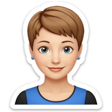 Frau, helle Haut, brauner Pixie schnitt mit dunkelblonden Spitzen, blaue Augen, mittleres alter sticker