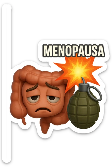 EMOJI STILE IPHONE 3D DI INTESTINO SFINITO CON ESPRESSIONE STANCA, ACCANTO A LUI SCOPPIA UNA GRANATA 3D CON LA SCRITTA "MENOPAUSA" SOPRA sticker