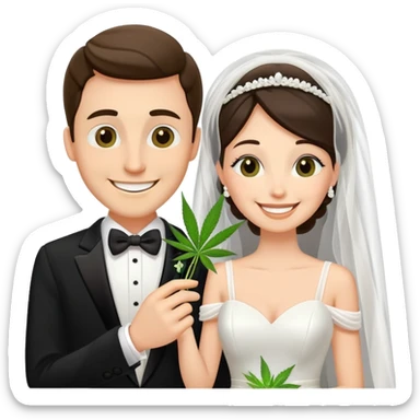 Bride in white dress and groom in tuxedo sharing a cannabis joint, cheerful cartoon wedding couple sticker