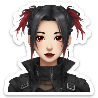 Gorgeous techwear anime style lady with blushing face aesthetic and pretty edgy black red punk messy hair with collar and harness trending style sticker