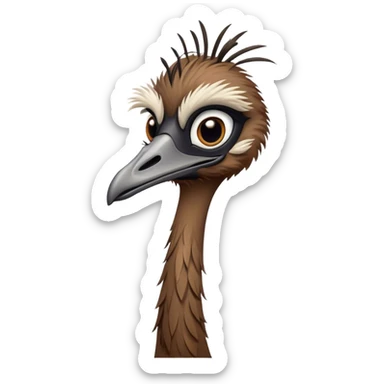 Cinematic Noble Emu Portrait Emoji, Poised and regal, with a tall, slender build and a shaggy, well-groomed fur of earthy brown feathers, a long elegant neck and deep-set soulful eyes, Simplified yet sharp and sophisticated features, highly detailed, glowing with a soft, dignified glow, high shine, intelligent and stately, stylized with an air of outback majesty, focused and attentive, soft glowing outline, capturing the essence of a watchful and confident bird, so majestic it feels as though it could stride out of the screen with effortless authority! sticker