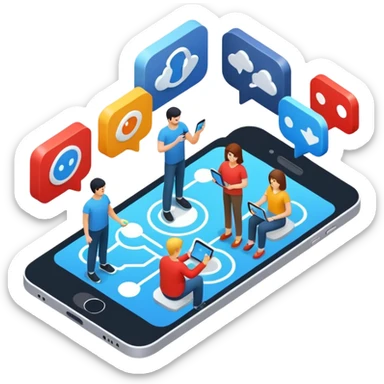 isometric, image of multi-channel experience with Teams, Mobile, Chat, Portal sticker