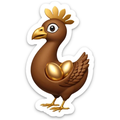 A 3D cartoon Sankofa bird with its head gracefully turned backward holding a golden egg in its beak, symbolizing learning from the past, single bird in frame, gold and brown tones, clean black background, Memoji-style rendering sticker