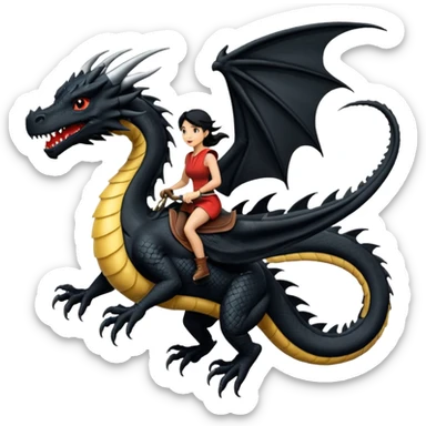 Super large black dragon flying with a  female rider on top of it sticker