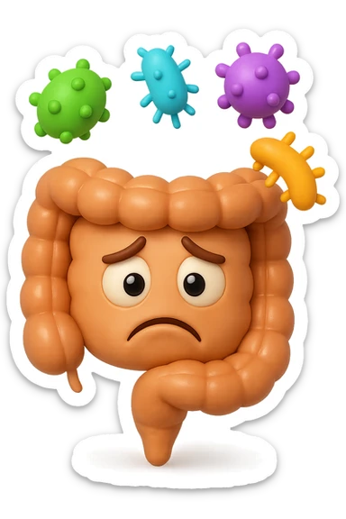 EMOJI STILE IPHONE 3D DI INTESTINO 3D CON ESPRESSIONE TRISTE  IN VOLTO MENTRE SOPRA LUI FLUTTUANO BATTERI, FAGLI ANCHE LA PARTE BIANCA DEGLI OCCHI, NON SOLO LA PUPILLA sticker