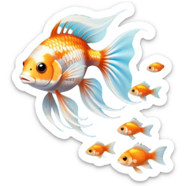 Large aquarium fish like veil tails and lionhead goldfish swimming gracefully in a beautifully decorated aquarium. Colorful aquatic plants, smooth rocks, and gentle bubbles surround the fish. The water shimmers in sunlight, creating a peaceful and vibrant underwater scene. Transparent background. sticker