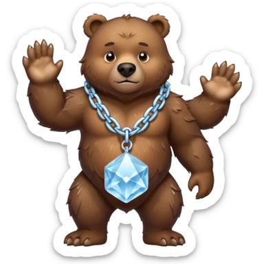 Fierce brown bear walking on four paws with an ice chain necklace, frozen chain links made of crystal clear ice, serious face sticker