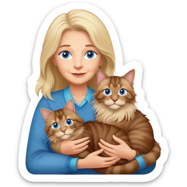 A blonde blue eyed older woman holds a brown Maine Coon cat in her arms sticker