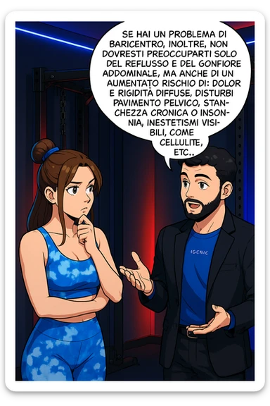 TRASFORMA QUESTO CAROSELLO IN UN FUMETTO STILE WEBTOON/MANGA A COLORI CON QUESTE DUE PERSONE IDENTICHE CHE INTERLOQUISCONO TRA LORO, L'uomo sta spiegando alla donna questo concetto MENTRE LA DONNA SI TIENE L'INDICE SUL MENTO ASCOLTANDOLO PENSIEROSA:

Se hai un problema di baricentro, inoltre, non dovresti preoccuparti solo del reflusso e del gonfiore addominale, ma anche di un aumentato rischio di:
    • dolori e rigidità diffuse
    • disturbi pavimento pelvico
    • stanchezza cronica o insonnia
    • inestetismi visibili, come celluluite
    • etc… sticker