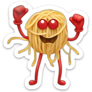 Spaghetti and meatballs with a face, arms and legs, doing something random sticker